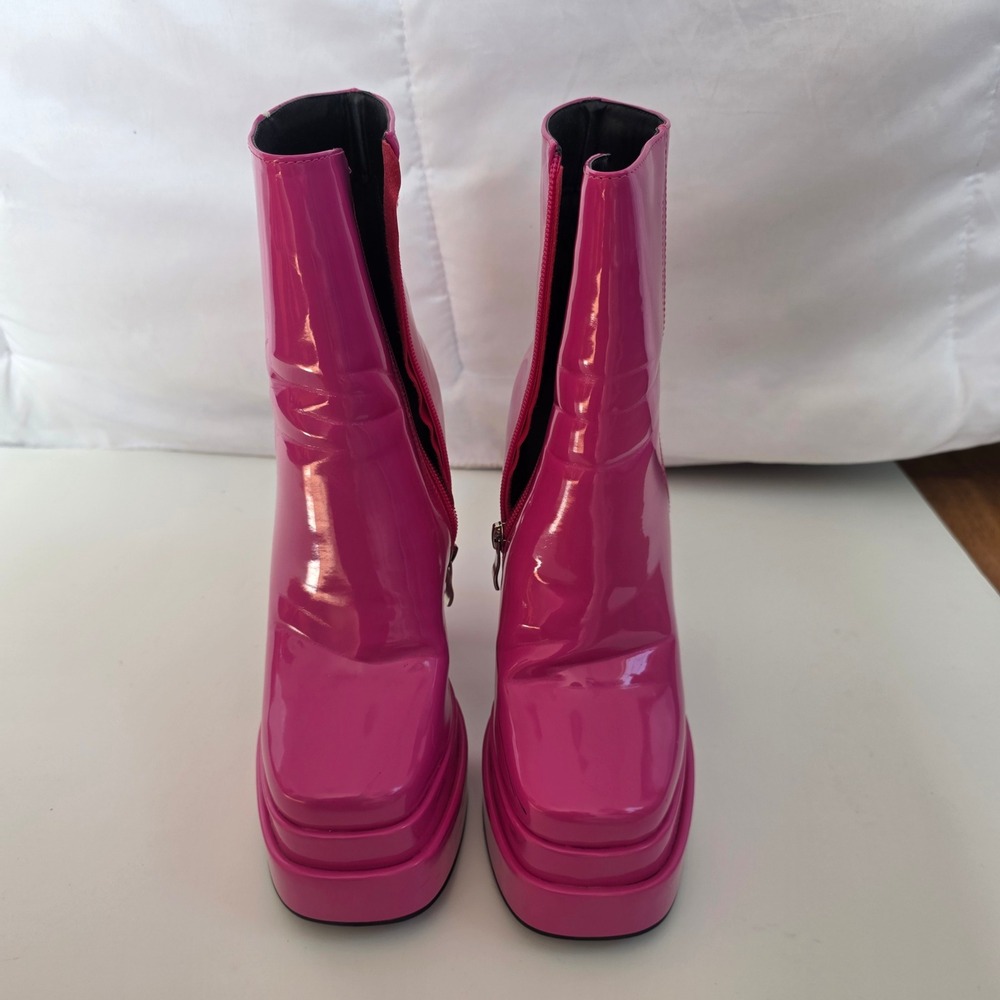 Hot Pink Azala Wang Patent Platform Chunky Heel Ankle Boots Women's Size 6 - Picture 7 of 8